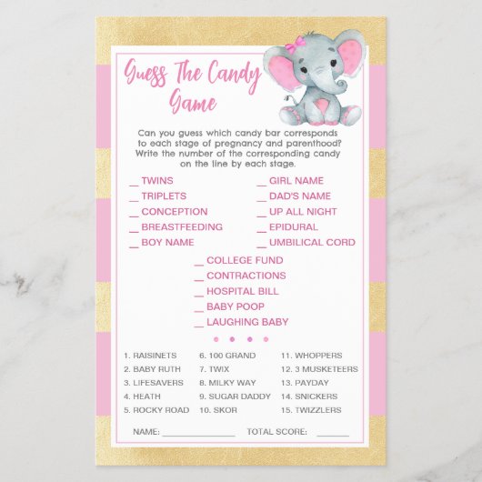Gold Pink Elephant Guess The Candy Baby ShowerGame Flyer (Vorne)