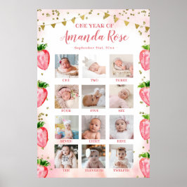 Gold Pink Erdbeere Erstes Jahr FotoCollage Poster