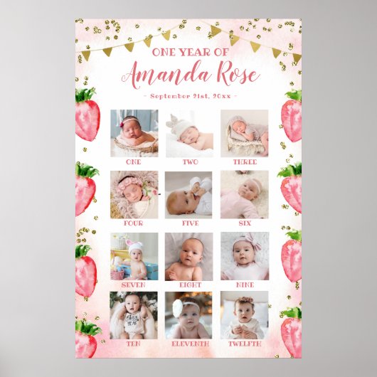 Gold Pink Erdbeere Erstes Jahr FotoCollage Poster (Vorne)