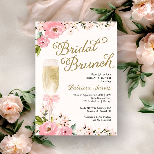 Gold Pink Floral Bridal Brunch Brautparty Einladung