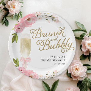Gold Pink Floral Brunch und Bubbly Brautparty Pappteller