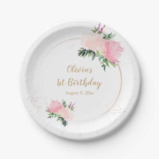 Gold Pink Floral Geburtstag Pappteller (Vorderseite)