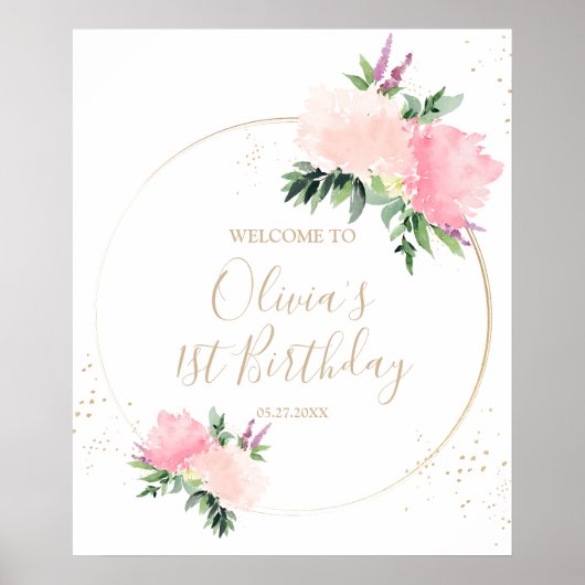 Gold Pink Floral Geburtstag Willkommen Poster (Vorne)