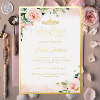 Gold Pink Floral Quinceanera Geburtstag Folieneinladung