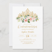 Gold Pink Floral Tiara Quinceanera Einladung (Vorderseite)