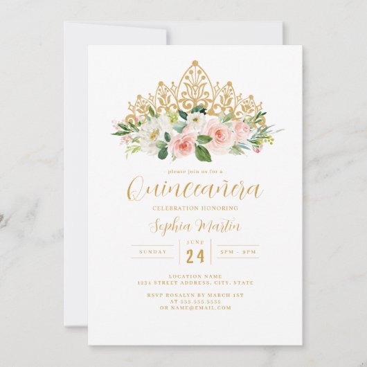 Gold Pink Floral Tiara Quinceanera Einladung (Vorderseite)