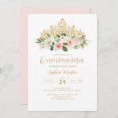 Gold Pink Floral Tiara Quinceanera Einladung (Vorne/Hinten)