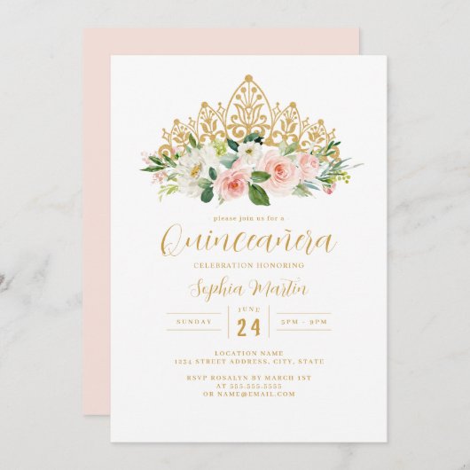 Gold Pink Floral Tiara Quinceanera Einladung (Vorne/Hinten)