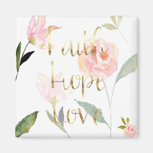 Gold Pink Floral Watercolor Faith Hope Liebe Magnet