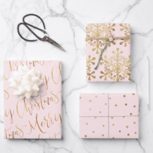 Gold Pink Frohe Weihnachtsschrift Snowflakes Stern Geschenkpapier Set