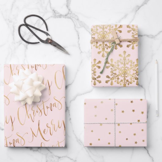 Gold Pink Frohe Weihnachtsschrift Snowflakes Stern Geschenkpapier Set (Vorderseite)