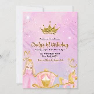 Gold Pink Girl Princess Carriage First Birthday Einladung