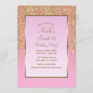 Gold & Pink Glitter Glamour Schimmer Süße 16 Party Einladung
