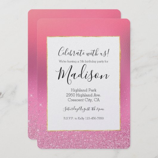 Gold Pink Glitz Einladung (Vorne/Hinten)
