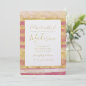 Gold Pink Glitz Streifen Einladung (Stehend Vorderseite)