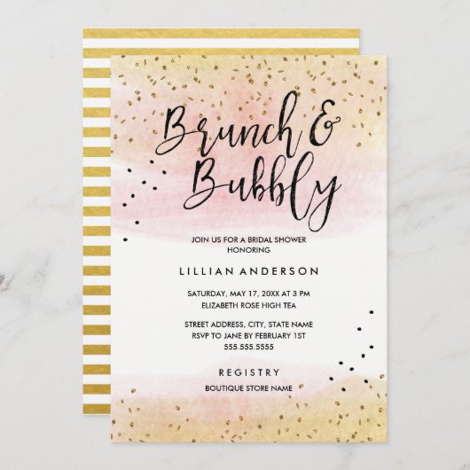 Gold Pink Glitzer Brunch and Bubbly Brautparty Einladung (Vorne/Hinten)