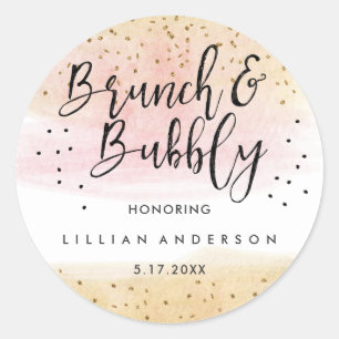 Gold Pink Glitzer Brunch and Bubbly Brautparty Runder Aufkleber