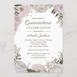 Gold Pink Glitzernde Florale Quinceanera Einladung