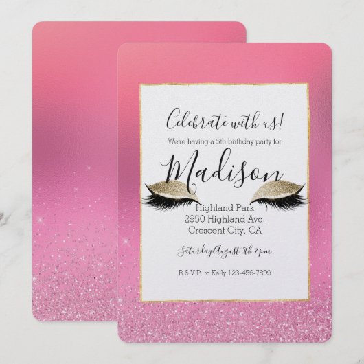 Gold Pink Glitzy Eyes Einladung (Vorne/Hinten)