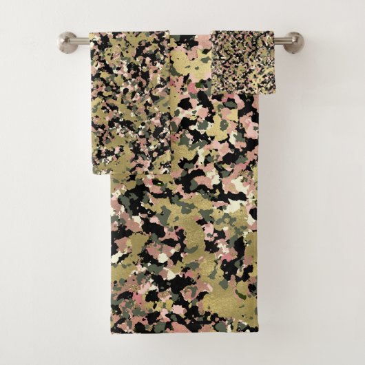 Gold Pink Green Black Camouflage Muster Print Badhandtuch Set (Insitu)