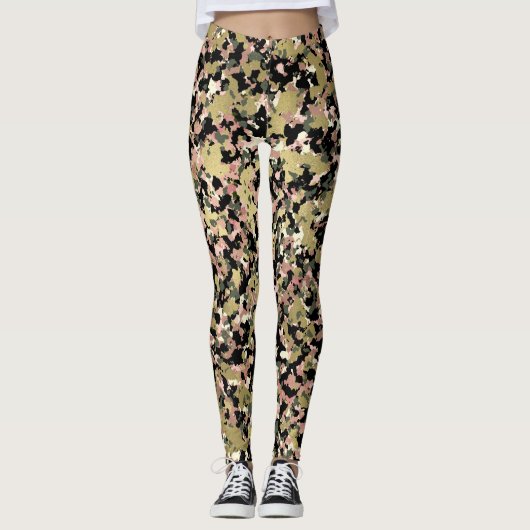 Gold Pink Green Black Camouflage Muster Print Leggings (Vorderseite)