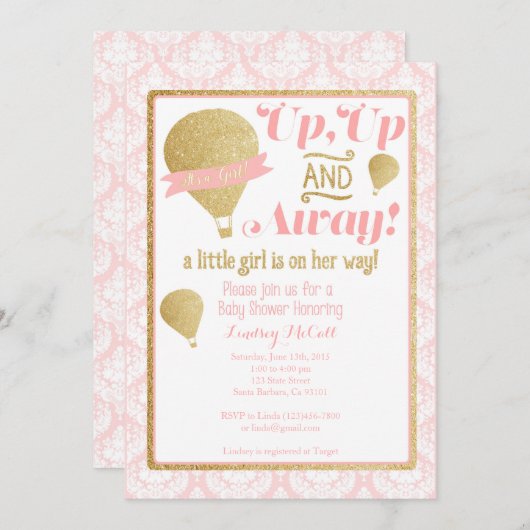 Gold Pink Hot Air Ballon Baby Dusche Einladung (Vorne/Hinten)