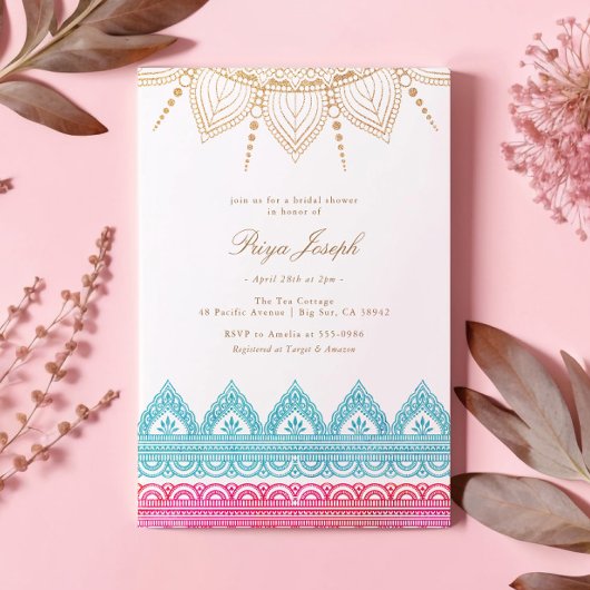 Gold Pink Indian Henna Brautparty Einladung