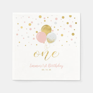 Gold & Pink   Luftballons, Konfetti Mädchen 1. Geb Serviette