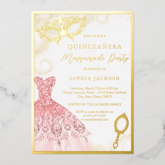 Gold Pink Masquerade Party Kleid Quinceanera Folieneinladung (Vorderseite)