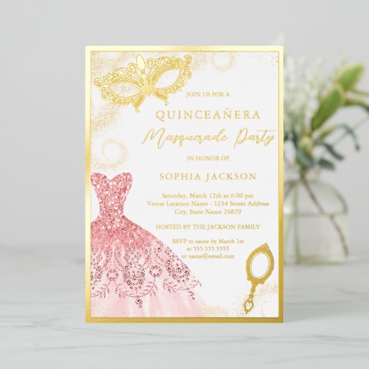 Gold Pink Masquerade Party Kleid Quinceanera Folieneinladung (Stehend vorne)