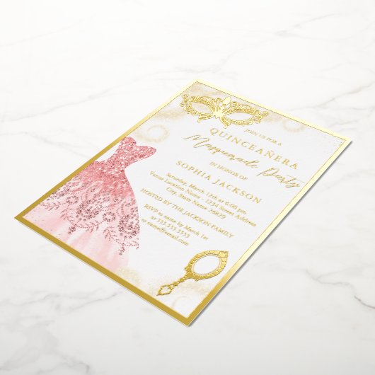 Gold Pink Masquerade Party Kleid Quinceanera Folieneinladung (Gedreht)