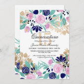 Gold Pink Navy Floral Watercolor Quinceañera Einladung (Vorne/Hinten)