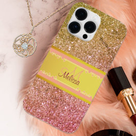 Gold Pink Ombre Glittery Glam Name Monogram Girl Case-Mate iPhone 14 Pro Max Hülle
