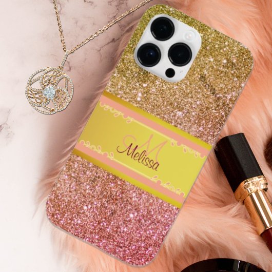 Gold Pink Ombre Glittery Glam Name Monogram Girl Case-Mate iPhone Hülle