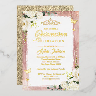 Gold Pink Quinceanera Floral Sparky Tiara Folieneinladung