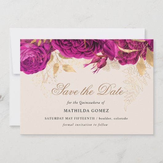 Gold Pink Roses Quinceanera Save the Date Einladung (Vorderseite)