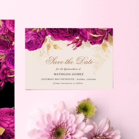Gold Pink Roses Quinceanera Save the Date Einladung