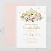 Gold Pink Sparkess Princess Floral Tiara Geburtsta Einladung (Vorne/Hinten)