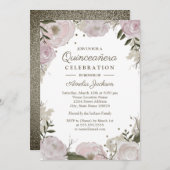 Gold Pink Sparkle Blumenkohl Quinceanera Einladung (Vorne/Hinten)