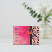 GOLD PINK SPARKLING DAMASK MONOGRAM, fuchsia ruby Visitenkarte (Stehend Vorderseite)