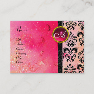 GOLD PINK SPARKLING DAMASK MONOGRAM, fuchsia ruby Visitenkarte