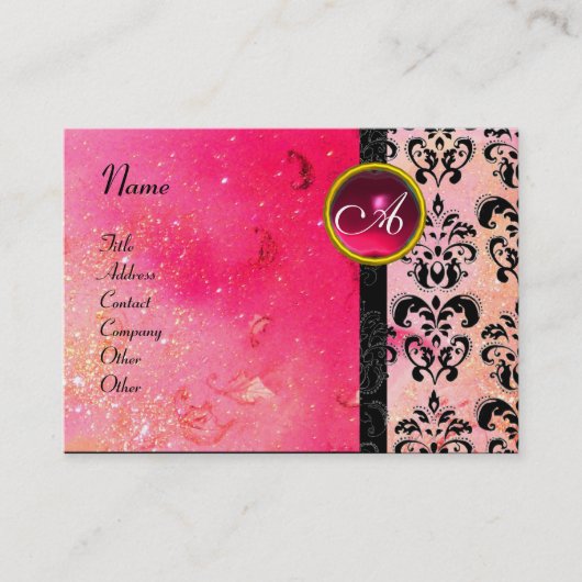 GOLD PINK SPARKLING DAMASK MONOGRAM, fuchsia ruby Visitenkarte (Vorderseite)