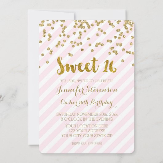 Gold Pink Sweet 16 Geburtstagsparty Einladungen (Rückseite)