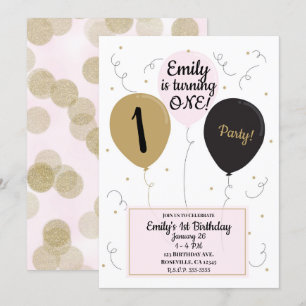 Gold Pink und schwarze Luftballons Mädchen 1. Gebu Einladung