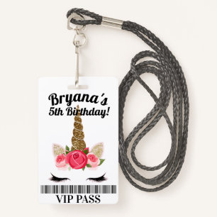 Gold Pink Unicorn Blumen Geburtstagsparty VIP PASS Ausweis