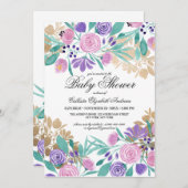 Gold Pink Violet Floral Watercolor Kinderdusche Einladung (Vorne/Hinten)