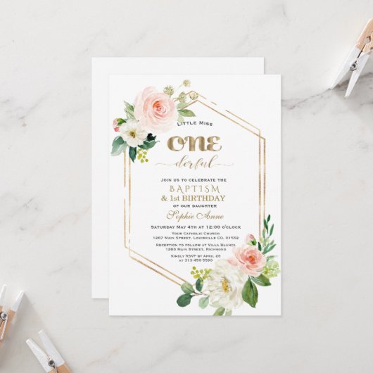 Gold Pink Weiße Blume Erster Geburtstag & Taufe Einladung (Vorderseite/Rückseite Beispiel)