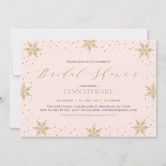 Gold & Pink Winter Snowflake Hochzeitsfeier Brautp Einladung (Vorderseite)