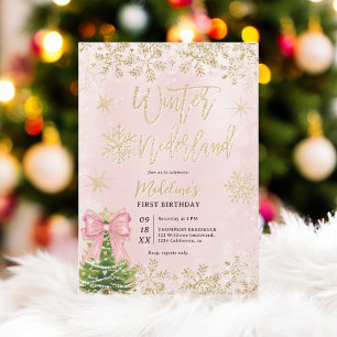 Gold Pink Winter Wonderland Erste Geburtstagsparty Einladung