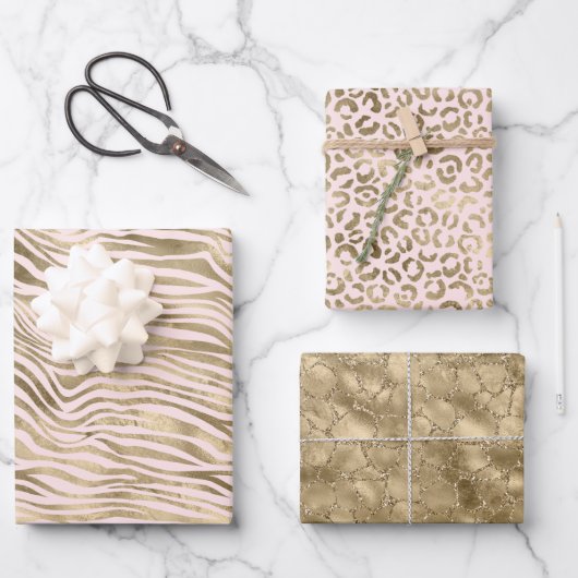 Gold Pink Zebra Animal Print Geschenkpapier Set (Vorderseite)